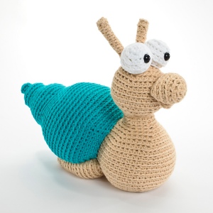 Milton the Slowpoke Snail by Fresh Stitches Crochet designer Stacey Trock